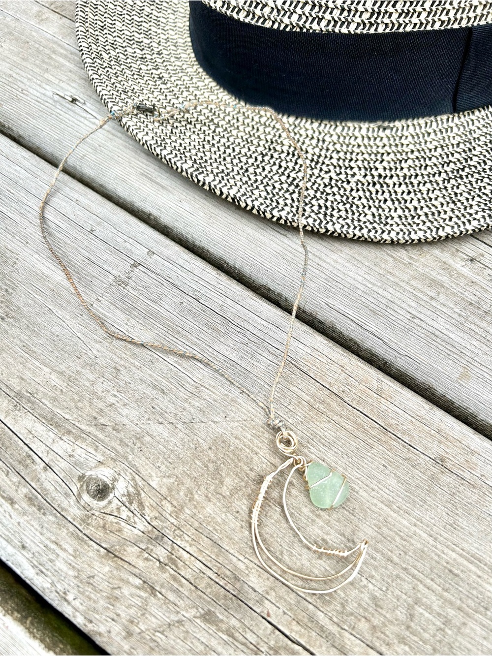 🌙Celestial Moon sea glass Stone Gold Crescent wire w Gypsy hippy enchanting vibe